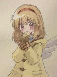 1girl blonde_hair blush brown_eyes brown_mittens coat hairband highres kanon looking_at_viewer mittens red_hairband short_hair solo surprised traditional_media tsukimiya_ayu upper_body white_wings wings yellow_coat ys_tenyen
