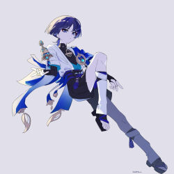 Rule 34 | 1boy, absurdres, arm at side, armor, artist name, black bodysuit, black bow, black bridal gauntlets, black leggings, black sandals, black shorts, blank eyes, blue cape, blue gemstone, blue kimono, blue sleeves, bodysuit, bow, bridal gauntlets, cape, closed mouth, covered collarbone, expressionless, eyeliner, eyeshadow, floating, floating object, floating weapon, full body, furisode, gem, genshin impact, gold, grey background, hakama, hakama shorts, hand up, hatsu q, highres, japanese armor, japanese clothes, juban, kimono, knee up, kote, kurokote, layered sleeves, leg warmers, leggings, looking at viewer, makeup, male focus, mandarin collar, open clothes, open hands, open kimono, outstretched leg, pleated shorts, purple eyes, purple hair, purple rope, purple sash, red eyeliner, red eyeshadow, rope, sandals, sash, scaramouche (genshin impact), short sleeves, shorts, shoulder peek, solo, tassel, toes, tulaytullah&#039;s remembrance (genshin impact), vision (genshin impact), wanderer (genshin impact), white kimono, white leg warmers, white sleeves, zouri
