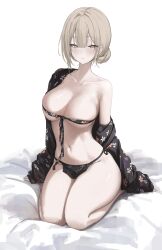 1girl absurdres bare_legs bikini black_bikini black_shirt blonde_hair breasts cleavage floral_print_bikini floral_print_shirt hair_between_eyes hair_bun highres laneigu large_breasts looking_at_viewer navel open_clothes open_shirt original parted_lips seiza shirt short_hair sidelocks single_bare_shoulder sitting solo stomach swimsuit yellow_eyes