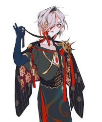 1boy beershfghk blue_eyes cape chest_jewel corset cowboy_shot eyeshadow eyeshadow_under_eye fate/grand_order fate_(series) gradient_hair hair_ornament hair_over_one_eye jewelry karna_(fgo_fes._2025)_(fate) makeup male_focus medium_hair multicolored_hair open_mouth pale_skin red_eyeshadow red_hair simple_background solo white_background white_hair