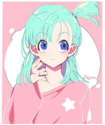 1girl aqua_hair bb_m0024 blue_eyes blunt_bangs border bulma closed_mouth commentary_request dragon_ball dragon_ball_(classic) long_hair long_sleeves looking_to_the_side pink_shirt shirt side_ponytail solo star_(symbol) twitter_username white_border