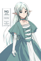 1girl dress elbow_gloves elf flat_chest frieren frilled_dress frills gloves green_dress kizuka2020 long_hair looking_at_viewer pointy_ears simple_background solo sousou_no_frieren square_neckline white_background white_gloves white_hair