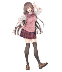 1girl absurdres black_thighhighs blue_eyes blush bow braid breasts brown_hair collared_shirt hair_ribbon highres long_hair long_sleeves looking_at_viewer one_eye_closed open_mouth original pink_sweater_vest plaid_bow plaid_clothes plaid_skirt pleated_skirt red_skirt ribbon school_uniform shirt shoes simple_background skirt sleeves_rolled_up smile solo sweater_vest thighhighs unasaka_ryou v white_background white_shirt