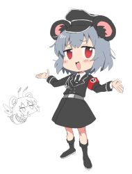1girl :d animal_ears armband bee belt black_boots black_hat black_jacket black_necktie black_skirt boots broken_heart_print bug buttons commentary_request cookie_(touhou) full_body grey_belt grey_hair hat highres insect jacket long_sleeves looking_at_viewer military_hat military_uniform mouse_ears mouse_girl mouse_tail nazrin necktie nyon_(cookie) open_mouth pura_(aiueo256375) red_eyes short_hair simple_background skirt smile solo standing tail touhou white_background