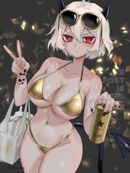 1girl bare_shoulders bikini black_nails blush breasts can demon demon_girl demon_horns demon_tail eyewear_on_head gold_bikini helltaker highres holding holding_can horns looking_at_viewer malina_(helltaker) navel noah_(tettsui-sole) red_eyes salute standing sweat swimsuit tail thighs two-finger_salute white_hair