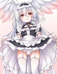 1boy bird_boy black_dress bulge clothes_lift commentary_request crossdressing dress dress_lift garter_straps harpy_boy head_wings heart highres kinomiki_nobori lifting_own_clothes long_hair looking_at_viewer maid male_focus monster_boy open_mouth original panties red_eyes solo speech_bubble spoken_heart talons thighhighs trap underwear white_hair white_panties white_thighhighs wings