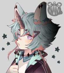 +_+ 1boy animal_ears aqua_hair artist_name black_horns black_jacket braid collared_jacket collared_shirt eyelashes freckles furry furry_male grey_background hair_between_eyes hair_ornament hairclip hand_on_own_chest highres horns jacket light_blush looking_at_viewer male_focus multicolored_hair open_clothes open_jacket open_mouth original parted_bangs pink_hair pink_pupils purple_eyes shirt short_hair_with_long_locks simple_background snout solo star_(symbol) stitched_face stitches streaked_hair teeth twin_braids unicorn_horn upper_body upper_teeth_only v-shaped_eyebrows watermark white_shirt yuyu_(yuyupurinn)