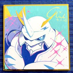 Rule 34 | aurola030, blue background, blue eyes, commission, dated, digimon, digimon (creature), highres, mecha, missing commentary, omegamon, photo (medium), robot, shikishi, signature, simple background, solo, sparkle, traditional media