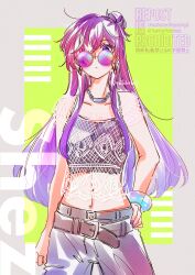 1girl belt breasts cleavage closed_mouth female_shez_(fire_emblem) fire_emblem fire_emblem:_three_houses fire_emblem_warriors:_three_hopes hair_bun hair_over_one_eye highres large_breasts long_hair looking_at_viewer medium_breasts nintendo purple_eyes purple_hair simple_background single_hair_bun smile solo sunglasses yutohiroya