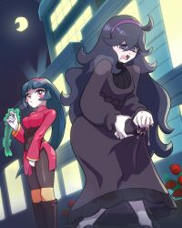 2girls covering_privates cum cum_in_clothes female_orgasm femdom futanari heavy_breathing hex_maniac_(pokemon) highres implied_handjob legendsnjk multiple_girls nintendo orgasm outdoors pokemon public_indecency sabrina_(pokemon) shaking