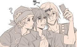 3boys ? bandana black_hair black_jacket cellphone closed_mouth dissidia_final_fantasy dissidia_final_fantasy_opera_omnia earrings final_fantasy final_fantasy_vi final_fantasy_xiii final_fantasy_xiii-2 final_fantasy_xv garbage_paper headscarf holding holding_phone jacket jewelry korean_commentary korean_text locke_cole male_focus multiple_boys necklace noctis_lucis_caelum noel_kreiss open_mouth phone shirt short_hair smile spiked_hair taking_picture white_hair