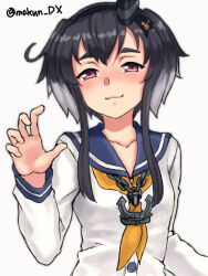Rule 34 | 1girl, :3, anchor necklace, black hair, blue sailor collar, brown eyes, chain, dress, gradient hair, hat, highres, jewelry, kantai collection, maakun (makun dx), mini hat, multicolored hair, neckerchief, necklace, one-hour drawing challenge, sailor collar, sailor dress, short hair, short hair with long locks, simple background, smile, smokestack hair ornament, solo, thick eyebrows, tokitsukaze (kancolle), twitter username, upper body, white background, white dress, yellow neckerchief
