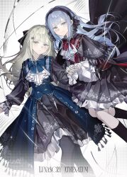 Rule 34 | 2girls, absurdres, ascot, bang dream!, bang dream! it&#039;s mygo!!!!!, black hairband, black pantyhose, black ribbon, black socks, blue bow, blue bowtie, blue hair, bow, bowtie, brooch, closed mouth, commentary request, dress, feet out of frame, frilled dress, frills, green hair, hair ornament, hair ribbon, hairband, hairclip, heart, heart brooch, highres, holding hands, jewelry, long hair, long sleeves, looking at viewer, mortis (bang dream!), mortis (costume) (bang dream!), multiple girls, oblivionis (bang dream!), pantyhose, red bow, red bowtie, ribbon, socks, togawa sakiko, umie (iowae), wakaba mutsumi, white ascot, yellow eyes