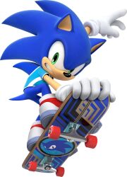 1boy 3d absurdres animal_ears animal_nose arm_up blue_fur blue_hair blue_shirt body_fur bottomless clenched_teeth full_body furry furry_male gloves green_eyes highres logo long_hair looking_at_viewer male_focus mario_&amp;_sonic_(series) mario_&amp;_sonic_at_the_tokyo_2020_olympic_games official_art outstretched_arms red_shoes serious shirt shoes short_sleeves simple_background skateboard skateboarding solo sonic_(series) sonic_the_hedgehog spiked_hair tail teeth third-party_source transparent_background white_gloves white_trim