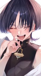 1boy armpit_crease backlighting black_bodysuit black_hair blunt_ends blush bodysuit closed_eyes colored_inner_hair covering_own_mouth eyelashes eyeliner eyeshadow fingernails genshin_impact grey_hair hand_over_own_mouth hand_up happy highres japanese_clothes kimono ma_d_k_89 makeup male_focus mandarin_collar multicolored_hair open_clothes open_kimono open_mouth pink_nails portrait red_eyeliner red_eyeshadow scaramouche_(genshin_impact) shoulder_peek solo teeth toned toned_male tongue wanderer_(genshin_impact) white_background white_kimono wispy_bangs