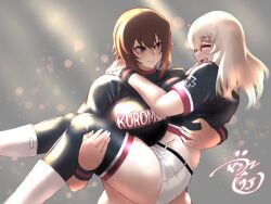 Rule 34 | 2girls, adapted costume, american football uniform, arm scrunchie, black shirt, black thighhighs, blush, boots, bougainvillea (unnryuu), brown eyes, brown hair, carrying, clothes writing, collared shirt, commentary request, emblem, girls und panzer, grey hair, highres, itsumi erika, jersey, kuromorimine (emblem), long sleeves, medium hair, midriff, multiple girls, muscular, muscular female, nishizumi maho, open mouth, princess carry, shirt, short hair, short sleeves, shorts, smile, sportswear, textless version, thighhighs, two-tone wristband, white footwear, white shorts, wristband