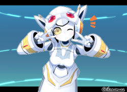 Rule 34 | 1girl, arms up, artist name, blue background, blush, breasts, colored sclera, colored skin, commission, double v, female focus, gem, head tilt, headgear, humanoid robot, ikanomaru, joints, leaning forward, letterboxed, light blush, looking at viewer, medium breasts, navi (ultra kaijuu), no mouth, notice lines, one eye closed, orange eyes, outline, outside border, red gemstone, robot, robot girl, robot joints, signature, skeb commission, solo, twitter username, ultra kaijuu battle breeders, ultra series, upper body, v, white outline, white skin, wink, yellow sclera