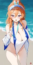 1girl absurdres beach blush breasts brown_dust_(series) brown_dust_2 cleavage commentary_request gdd_(vkejr702) hair_between_eyes hat highres holding holding_whistle jacket korean_commentary large_breasts lifeguard long_hair looking_at_viewer mole mole_on_crotch off_shoulder one-piece_swimsuit open_mouth orange_hair outdoors ponytail purple_eyes sideboob skindentation solo swimsuit thighs visor_cap whistle whistle_around_neck zenith_(brown_dust)