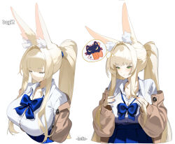 1girl animal_ear_fluff animal_ears blonde_hair blue_bow blue_bowtie blue_skirt blush bow bowtie breasts cardigan fox_ears fox_girl_miko_(7317helic) green_eyes helic_(7317helic) highres large_breasts long_hair multiple_views open_cardigan open_clothes original ponytail shirt simple_background skirt white_background white_shirt