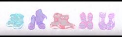 black_boots black_shoes boots footwear_focus grey_background hebiyoi_tier high_heels highres kojo_anna kuzuhana letterboxed nanashi_inc. no_humans oinomori_may ryugasaki_rene shishio_chris shoes