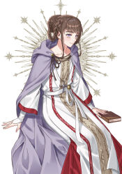 Rule 34 | 1girl, absurdres, book, braid, braided bun, braided hair rings, brown hair, cloak, closed mouth, collarbone, cross, cross necklace, dnstar 1019, fate/grand order, fate (series), feet out of frame, hair bun, hair rings, highres, hood, hooded cloak, jewelry, johanna (fate), johanna (first ascension) (fate), korean commentary, long sleeves, looking down, multicolored eyes, necklace, purple cloak, purple eyes, robe, sash, simple background, sitting, smile, solo, two-tone eyes, waist sash, white background, white robe, white sash, wide sleeves, yellow eyes