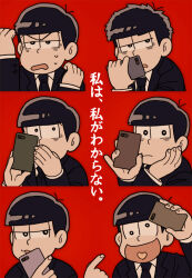 6+boys 6_9 black_hair black_necktie brothers cellphone closed_mouth heart heart_in_mouth holding holding_phone long_sleeves male_focus matching_outfits matsuno_choromatsu matsuno_ichimatsu matsuno_jyushimatsu matsuno_karamatsu matsuno_osomatsu matsuno_todomatsu medoroooa multiple_boys necktie open_mouth osomatsu-san osomatsu_(series) phone red_background sextuplets siblings smartphone translation_request