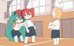 3girls :i aqua_eyes aqua_hair ball bananafish1111 barefoot blonde_hair blue_shorts bow chestnut_mouth commentary curtains deformed dodgeball dodgeball_(object) door flat_color from_behind gym gym_uniform hair_bow hair_ornament hands_on_another&#039;s_shoulders hatsune_miku headphones hiding hiding_behind_another highres holding holding_ball human_shield indoors kagamine_rin kasane_teto leaning_forward multiple_girls nervous_sweating parted_lips red_eyes red_hair shirt short_hair short_sleeves shorts standing sweat sweatdrop twintails utau v-shaped_eyebrows vocaloid white_bow white_shirt window