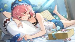 1girl animal_hat aqua_ribbon aquarium bandaid bandaid_on_face bandaid_on_nose bandaid_on_thigh black_choker blue_shorts box braid charm_(object) choker closed_mouth collarbone denim denim_shorts fish_hair_ornament foot_out_of_frame fuchsia_(strinova) gift gift_box hair_between_eyes hair_ornament hat highres indoors leg_up looking_at_viewer lying official_alternate_costume official_art on_bed on_stomach open_box pink_hair red_eyes ribbon shirt short_hair short_shorts shorts smile solo strinova stuffed_animal stuffed_shark stuffed_toy underwater white_shirt