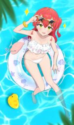 1girl bikini bocchi_the_rock! collarbone dispwnl frilled_bikini_top glasses green_eyes highres inflatable_toy innertube kita_ikuyo long_hair looking_at_viewer navel pool red_hair rubber_duck side_ponytail stomach swim_ring swimsuit water white_bikini