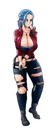 Rule 34 | 1girl, absurdres, ankle boots, blue eyes, blue hair, boots, breasts, bulma, claire redfield, claire redfield (cosplay), cleavage, commentary, cosmicdairy, cosplay, denim, dog tags, dragon ball, dragonball z, english commentary, female focus, forehead, gun, hair pulled back, handgun, highleg, highleg panties, highres, huge breasts, jacket, jeans, long hair, panties, pants, pistol, ponytail, purple panties, red jacket, resident evil, resident evil 2, resident evil 2 (remake), skindentation, solo, torn clothes, torn jeans, torn pants, transparent background, underwear, weapon