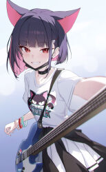 1girl absurdres animal_ears black_choker black_hair black_mask blue_archive breasts cat_ears choker clothes_around_waist colored_inner_animal_ears colored_inner_hair commentary_request cowboy_shot extra_ears grin guitar highres instrument jacket jacket_around_waist kazusa_(band)_(blue_archive) kazusa_(blue_archive) looking_at_viewer mask mask_pull mouth_mask multicolored_hair no_halo official_alternate_costume pink_hair pleated_skirt print_shirt red_eyes shali shirt short_hair short_sleeves simple_background skirt small_breasts smile solo studded_choker t-shirt white_shirt white_skirt wristband