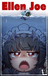 1girl absurdres bangboo_(zenless_zone_zero) black_hair ellen_joe fins funennogomi highres jaws_(movie) looking_at_another looking_up maid_headdress mole mole_under_eye movie_poster open_mouth parody red_hair shark_girl sharkboo_(zenless_zone_zero) sharp_teeth swimming teeth underwater zenless_zone_zero