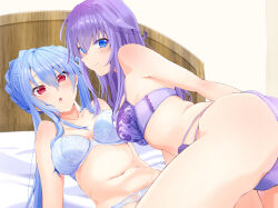 &gt;:) 2girls absurdres arm_support ass bare_shoulders blue_bra blue_eyes blue_hair blue_panties blush bra braid breasts breasts_apart closed_mouth collarbone crown_braid eyes_visible_through_hair floral_print floral_print_bra floral_print_panties furrowed_brow hair_between_eyes hashtag-only_commentary highres indoors large_breasts long_hair looking_at_viewer looking_back mu-chu multiple_girls navel on_bed open_mouth panties purple_bra purple_hair purple_panties red_eyes ringed_eyes siblings sidelocks sisters smile sorakado_ai sorakado_ao split_mouth stomach summer_pockets twins underwear underwear_only v-shaped_eyebrows very_long_hair