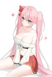 1girl :3 absurdres aqua_eyes bare_shoulders between_legs boong0619 breasts cleavage closed_mouth collarbone commission crop_top frilled_shirt frills hand_between_legs heart highres large_breasts long_hair long_sleeves looking_at_viewer midriff miniskirt navel off-shoulder_shirt off_shoulder original pink_hair pleated_skirt red_skirt shirt simple_background skirt smile solo stomach thighs twintails very_long_hair white_background white_shirt