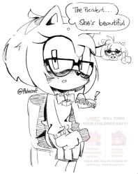 ! 1girl amy_rose animal_ears animal_nose blush bow bowtie commentary english_commentary english_text fishsoof furry furry_female glasses heartbeat hedgehog_girl highres implied_yuri index_finger_raised nerd_emoji on_chair parted_lips school_uniform signature sitting skirt solo sonic_(series) speech_bubble sweater thought_bubble