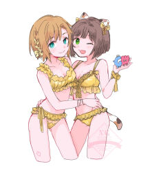 2girls ;d animal_ears bikini breasts brown_hair cat_ears cat_tail cleavage collarbone commentary_request cropped_legs federicfederica frilled_bikini frills gold_bikini golden_week highres idolmaster idolmaster_cinderella_girls kemonomimi_mode looking_at_viewer maekawa_miku medium_breasts multiple_girls one_eye_closed open_mouth short_hair side-tie_bikini_bottom simple_background smile stomach swimsuit tada_riina tail watermark white_background
