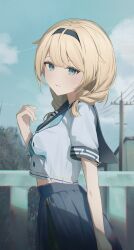 1girl absurdres aqua_eyes aqua_neckerchief black_hairband blonde_hair blue_sailor_collar blue_skirt blue_sky blunt_bangs braid buttons commentary day double-breasted hair_flaps hairband hand_up high-waist_skirt highres hololive kazama_iroha kazama_iroha_(school_uniform) looking_at_viewer low_twin_braids medium_hair midriff_peek moonlightlight neckerchief official_alternate_costume official_alternate_hairstyle outdoors parted_lips pleated_skirt sailor_collar school_uniform serafuku shirt short_sleeves skirt sky solo twin_braids virtual_youtuber white_shirt