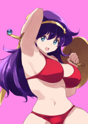 1girl amazon asamiya_athena bikini blue_eyes breasts coveredcore female_focus gold hairband large_breasts long_hair nemo pale_skin princess_athena purple_hair red_bikini snk_heroines:_tag_team_frenzy solo standing swimsuit the_king_of_fighters themanyoukilled underboob wide_hips