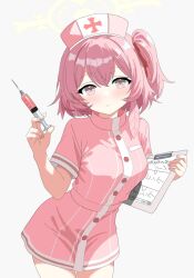1girl 3zzuttvjrt10003 blue_archive blush breasts buttons closed_mouth commentary cowboy_shot dress feather_hair hair_ribbon halo hand_up hat holding holding_syringe looking_at_viewer medium_breasts medium_hair nurse nurse_cap official_alternate_costume one_side_up pink_dress pink_eyes pink_hair pink_hat red_ribbon ribbon serina_(blue_archive) serina_(nurse)_(blue_archive) short_dress short_sleeves simple_background smile solo syringe white_background yellow_halo