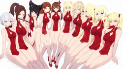 6+girls aged_up alternate_breast_size anby_demara bare_legs bare_shoulders black_hair blonde_hair blue_eyes boku_wa_tomodachi_ga_sukunai breasts brown_hair cait_aron character_request china_dress chinese_clothes chinese_new_year cleavage_cutout closed_mouth clothing_cutout copyright_request covered_navel crossover cynthia_(pokemon) dress fairy_tail fatal_fury green_eyes han_juri hasegawa_kobato highres hololive large_breasts looking_at_viewer lucy_heartfilia mario_(series) medium_breasts multiple_crossover multiple_girls nintendo parted_lips pelvic_curtain pokemon pokemon_dppt ponytail princess_daisy red_dress red_footwear senran_kagura shiranui_mai short_dress simple_background sitting sleeveless sleeveless_dress smile street_fighter street_fighter_6 thighs tokino_sora virtual_youtuber white_background yomi_(senran_kagura) zenless_zone_zero