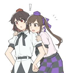 ! 2girls black_bow black_bowtie black_necktie black_skirt bow bowtie brown_eyes brown_hair checkered_clothes checkered_skirt collared_shirt commentary fang hat himekaidou_hatate long_hair multiple_girls necktie no_wings open_mouth pink_shirt pointy_ears puffy_short_sleeves puffy_sleeves purple_hat purple_skirt red_eyes red_hat sakic43899 shameimaru_aya shirt short_sleeves simple_background skirt tokin_hat touhou twintails two-tone_skirt white_background white_shirt