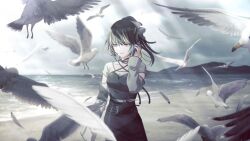 1girl beach belt bird black_hair blonde_hair cellphone cloud cloudy_sky detached_sleeves game_cg holding idolmaster idolmaster_shiny_colors ikaruga_luca multicolored_hair official_art parallel_collection phone ponytail skirt sky smartphone solo sunlight water yellow_eyes