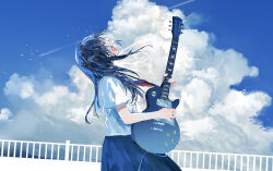 1girl black_hair blue_skirt blue_sky closed_eyes cloud commentary_request cowboy_shot day facing_up from_side guitar hagimorijia highres holding holding_guitar holding_instrument instrument long_hair music open_mouth original outdoors playing_guitar playing_instrument pleated_skirt profile railing school_uniform screaming serafuku shirt short_sleeves skirt sky solo standing white_shirt