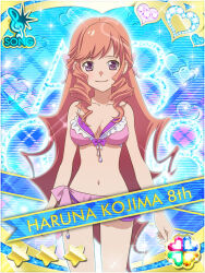 1girl akb0048 arms_at_sides bikini blue_background bow breasts card_(medium) character_name closed_mouth collarbone cowboy_shot drill_hair drill_sidelocks frilled_bikini frills heart kojima_haruna_(akb0048) long_hair looking_at_viewer navel non-web_source official_art pink_hair purple_bikini purple_bow purple_eyes sidelocks smile solo standing star_(symbol) straight-on string_bikini swimsuit treble_clef very_long_hair