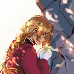 2boys alphonse_elric andythelemon blonde_hair braid brothers closed_eyes edward_elric eyebrows eyelashes flower flower_on_head fullmetal_alchemist gloves head_out_of_frame holding holding_flower jacket long_hair male_focus multiple_boys pale_skin red_jacket siblings white_gloves