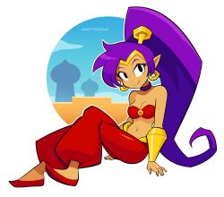 1girl bandeau big_hair bracer breasts choker circlet cleavage crossed_legs dark-skinned_female dark_skin earrings flats gold_bracer harem_pants highres hoop_earrings jewelry long_hair navel o-ring o-ring_top pants pointy_ears ponytail purple_hair red_pants red_shoes shantae shantae_(series) shoes sitting smile solo very_long_hair vinny_(dingitydingus)
