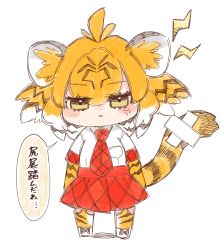 1girl :3 anger_vein animal_ear_fluff animal_ears animal_print bandaid bandaid_on_tail black_hair blush chibi commentary crossed_bandaids elbow_gloves eyes_visible_through_hair female_focus full_body gloves highres kemono_friends lightning_bolt_symbol looking_at_viewer medium_hair multicolored_hair necktie notora orange_hair print_gloves print_legwear red_necktie red_skirt shirt short_sleeves simple_background sketch skirt solo speech_bubble tail tiger_(kemono_friends) tiger_ears tiger_print tiger_tail translated white_background white_hair white_shirt yellow_eyes