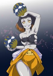 1girl arm_up armpits artist_request ball bare_shoulders breasts covered_erect_nipples fangs female_focus highres kimetsu_no_yaiba looking_at_viewer medium_breasts multicolored_hair navel short_hair slit_pupils solo strapless susamaru_(kimetsu_no_yaiba) torn_clothes tube_top two-tone_hair yellow_eyes