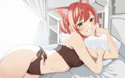 Rule 34 | 1girl, animal ear fluff, animal ears, aogiri koukou, arm support, bed sheet, bedroom, bra, brown bra, brown panties, cat ears, cat girl, cat lingerie, curtains, extra ears, green eyes, grin, head tilt, headboard, highres, indoors, ishikari akari, legs together, looking at viewer, lying, meme attire, nightstand, on bed, on side, panties, pillow, red hair, side-tie panties, smile, taachika, teeth, underwear, underwear only, virtual youtuber