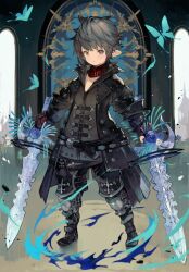 Rule 34 | 1boy, :/, armor, armored boots, aura, belt, belt buckle, black belt, black coat, black pants, blue butterfly, blue eyes, blue flower, blue rose, boots, buckle, bug, butterfly, buttons, closed mouth, coat, collared shirt, commentary request, commission, dual wielding, elbow gloves, final fantasy, final fantasy xiv, fingerless gloves, flower, full body, gloves, grey hair, grey shirt, heterochromia, highres, holding, holding sword, holding weapon, insect, kemomin nosuke, lalafell, legs apart, light blush, long sleeves, looking at viewer, male focus, open clothes, open coat, pants, pointy ears, poleyn, red gloves, red scarf, rerebrace, rose, scarf, shirt, short hair, skeb commission, solo, standing, sword, v-neck, viper (final fantasy), warrior of light (ff14), weapon, yellow eyes